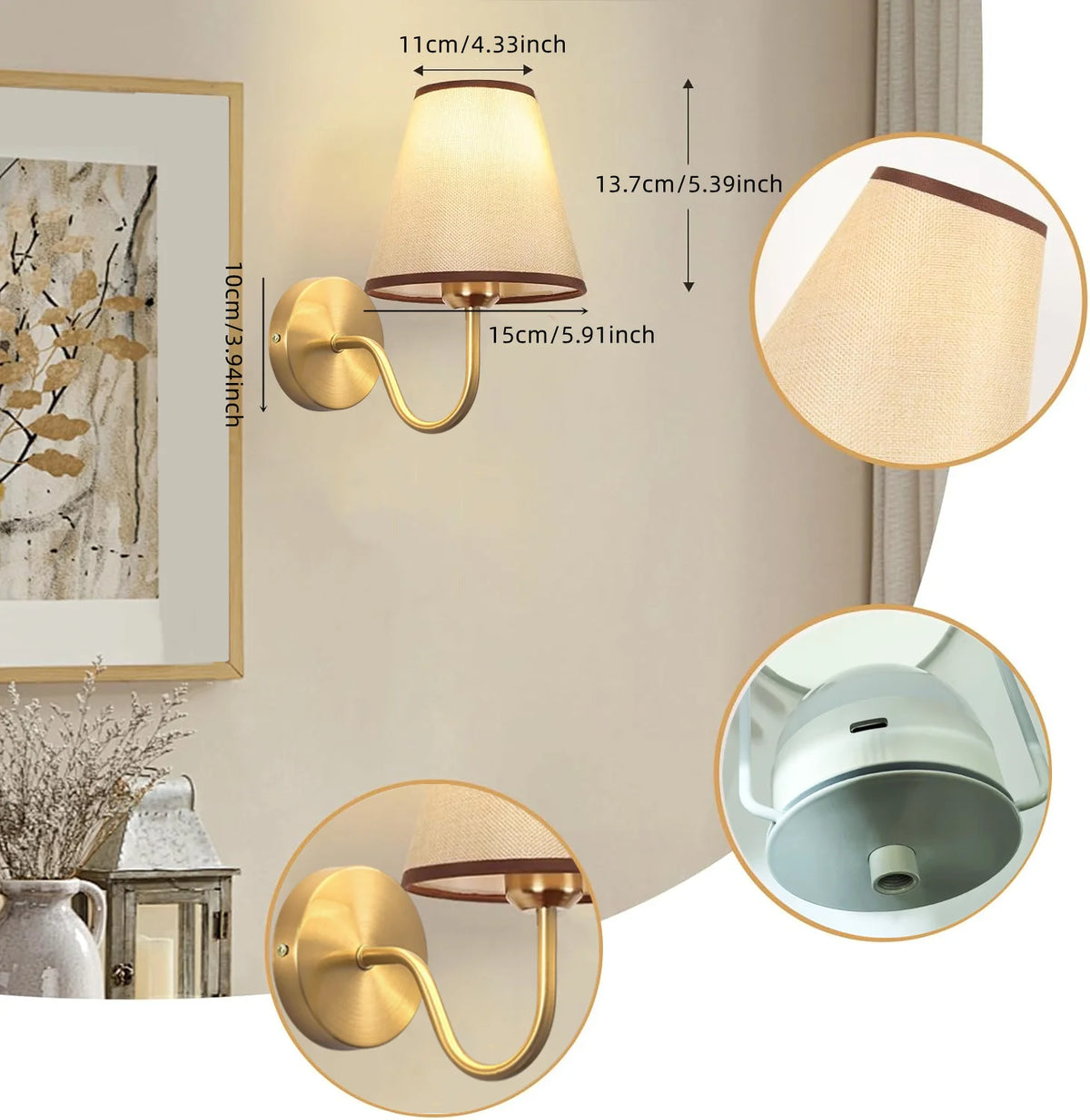 Battery-Powered Wall Light, Wireless Wall Light with Dimmable Bulb and Remote Control, Led 15-Color Rechargeable Wall Light, with Fabric, Suitable for Bedroom, Living Room, Hallway Wall Decoration