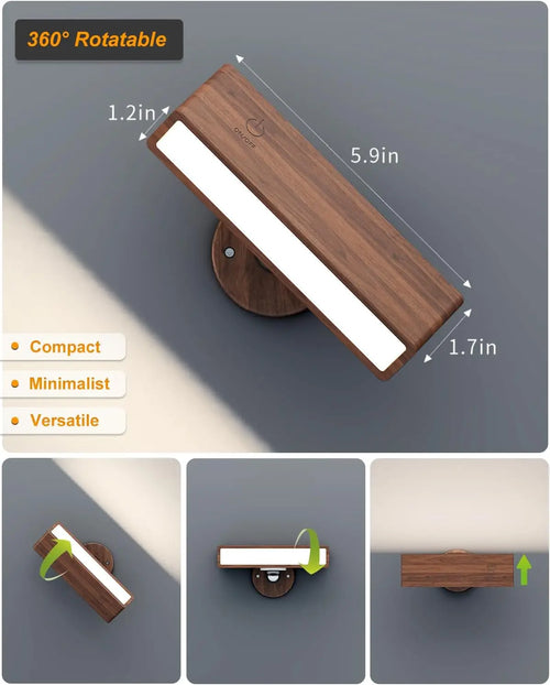 2 Pack Nordic Solid Wood Wall Sconces Rechargeable Night Lamps 360 Rotation Dimmable Touchable Wall Reading Lights for Bedside