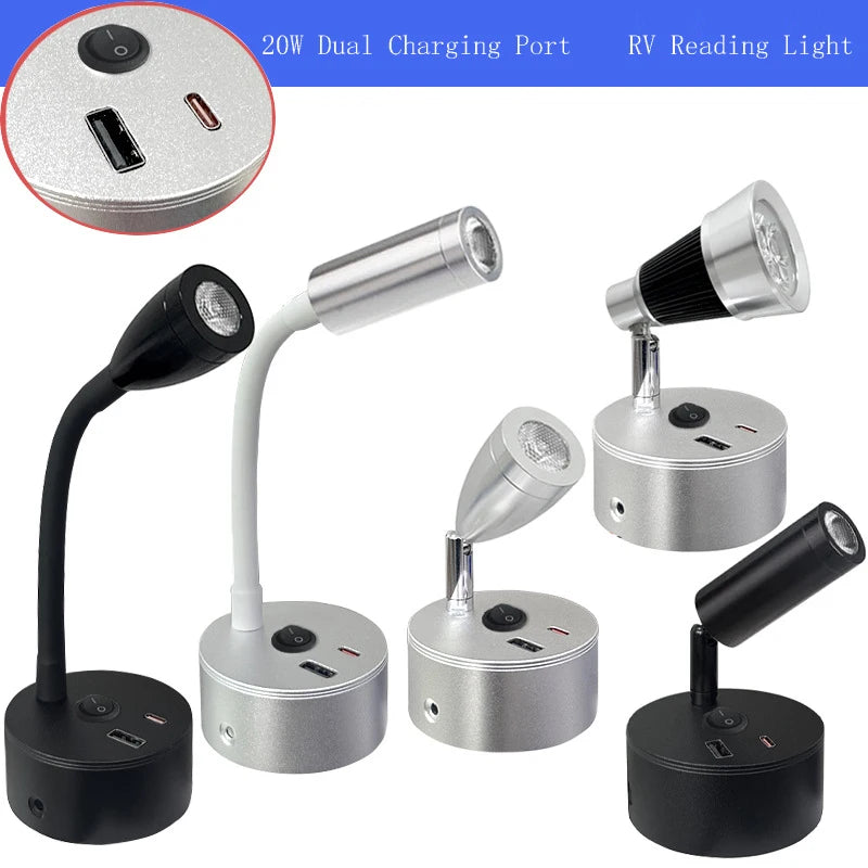 Cross border RV 3W Reading Lights Wall Lamp Type-C+USB Ceiling Lamp Ship Yacht Indoor Lighting 12V-24V Gooseneck LED RV Light