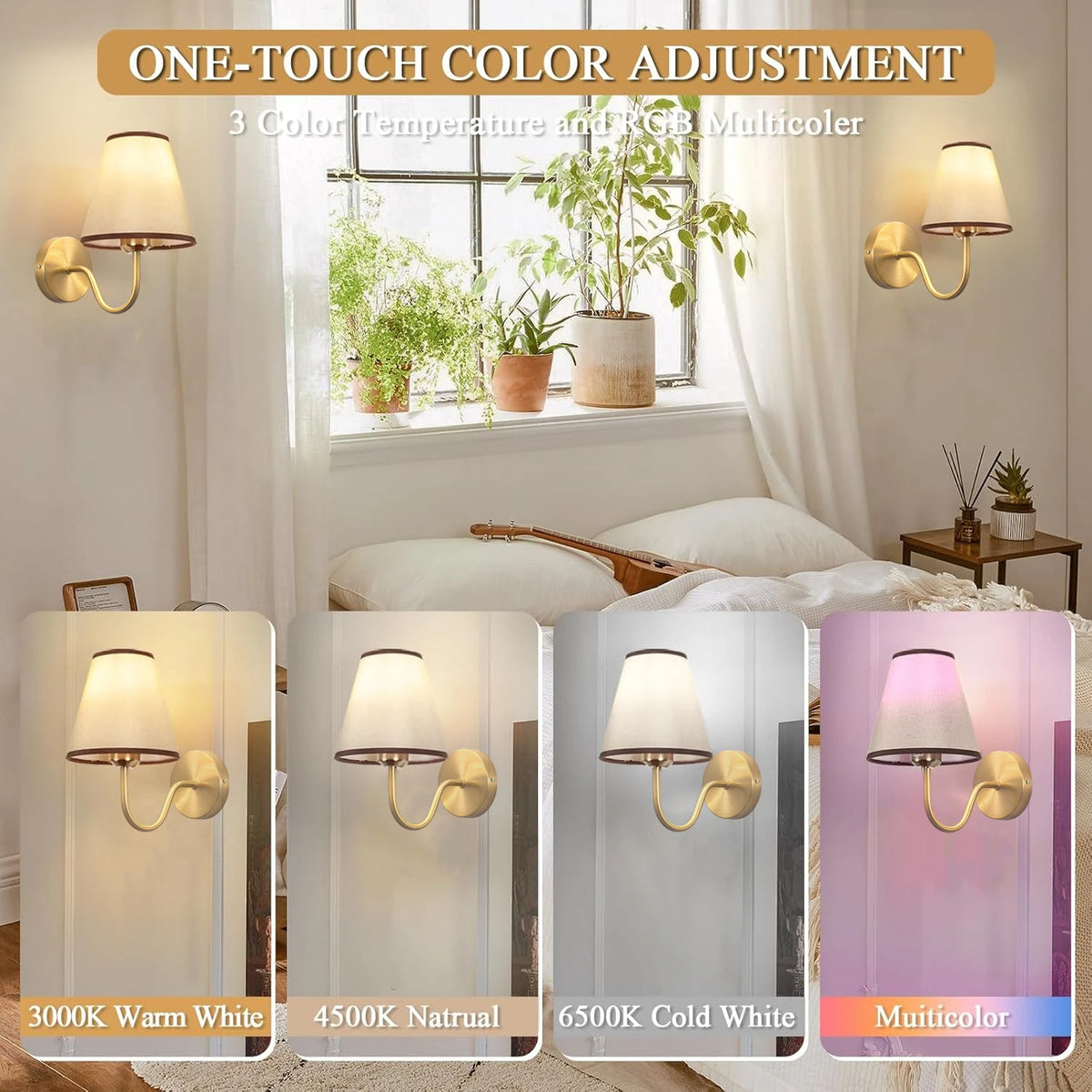 Battery-Powered Wall Light, Wireless Wall Light with Dimmable Bulb and Remote Control, Led 15-Color Rechargeable Wall Light, with Fabric, Suitable for Bedroom, Living Room, Hallway Wall Decoration