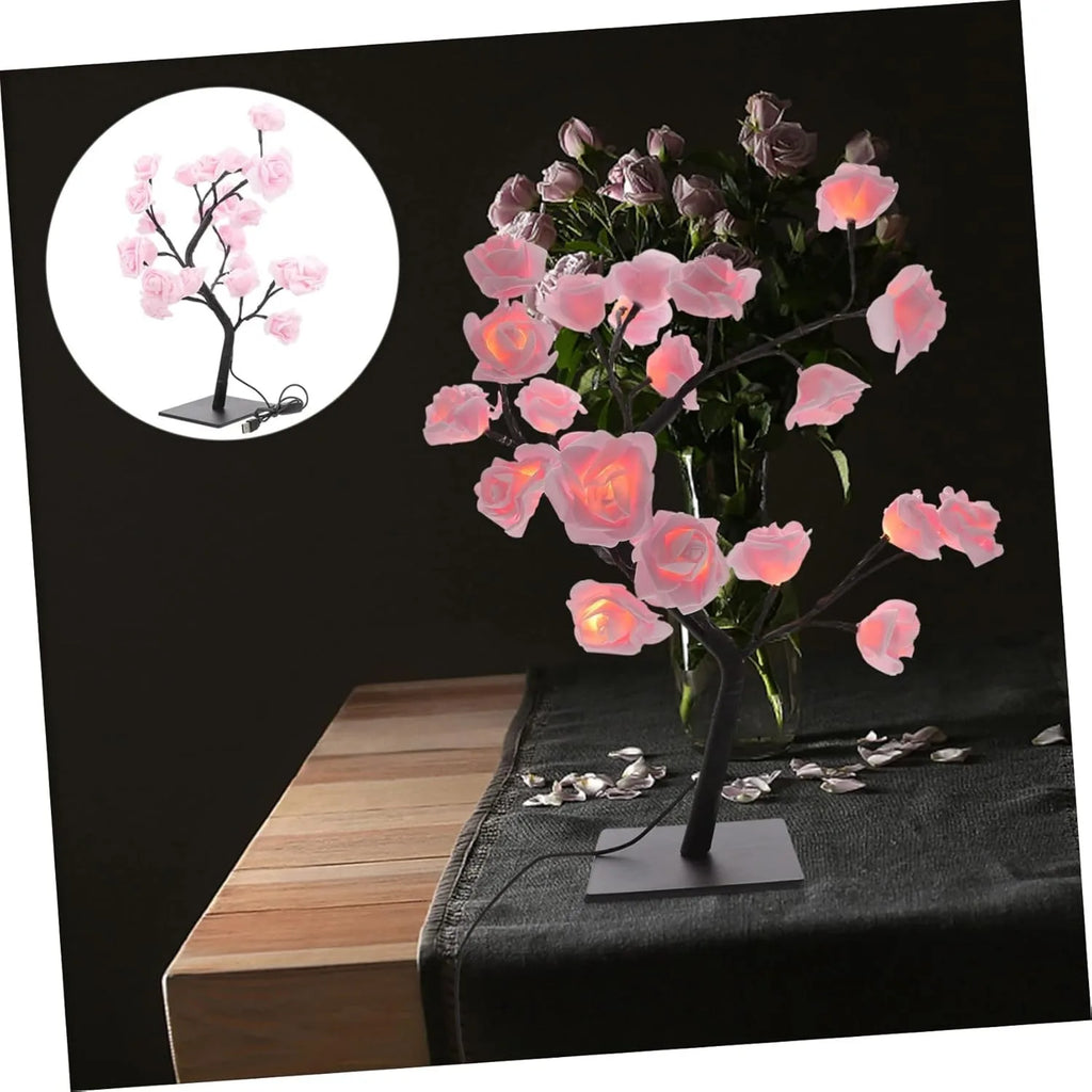LED Rose Table Lamp Rose Flower Tree Lights Fairy Cute lamp Night Light Home Party Bedroom Decoration Christmas Wedding Gift (Color : Pink by USB)